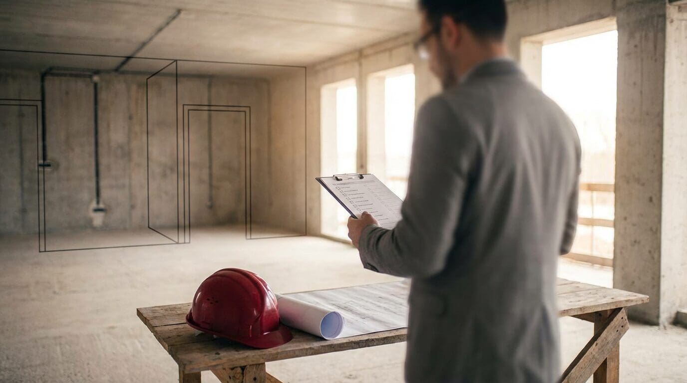 Construction site with plans and helmet