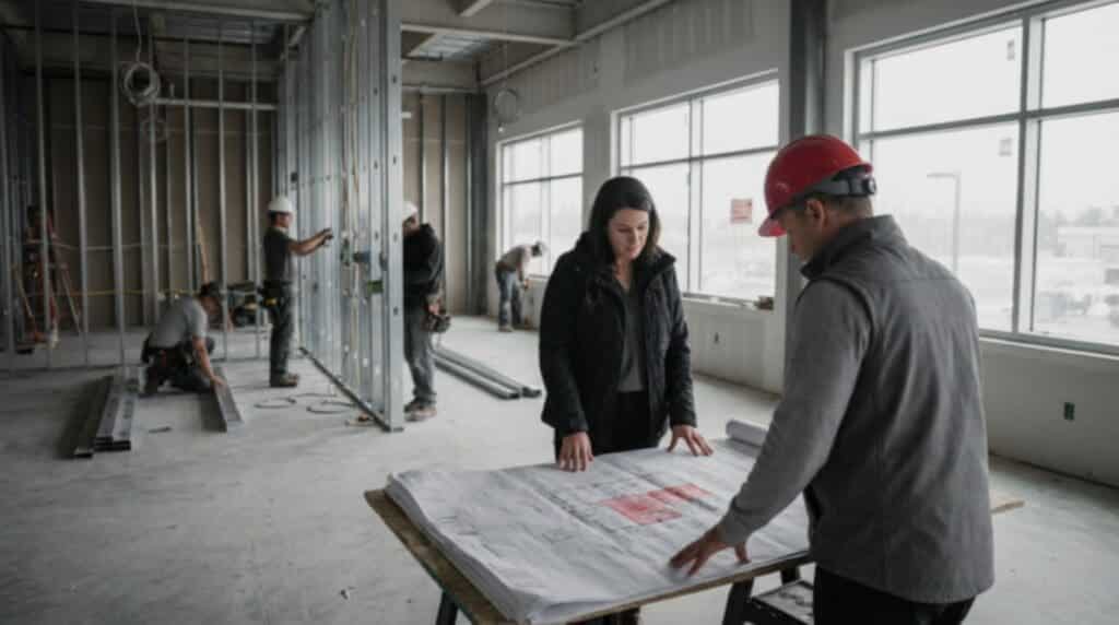 Construction site with workers and plans
