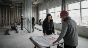 Construction site with workers and plans
