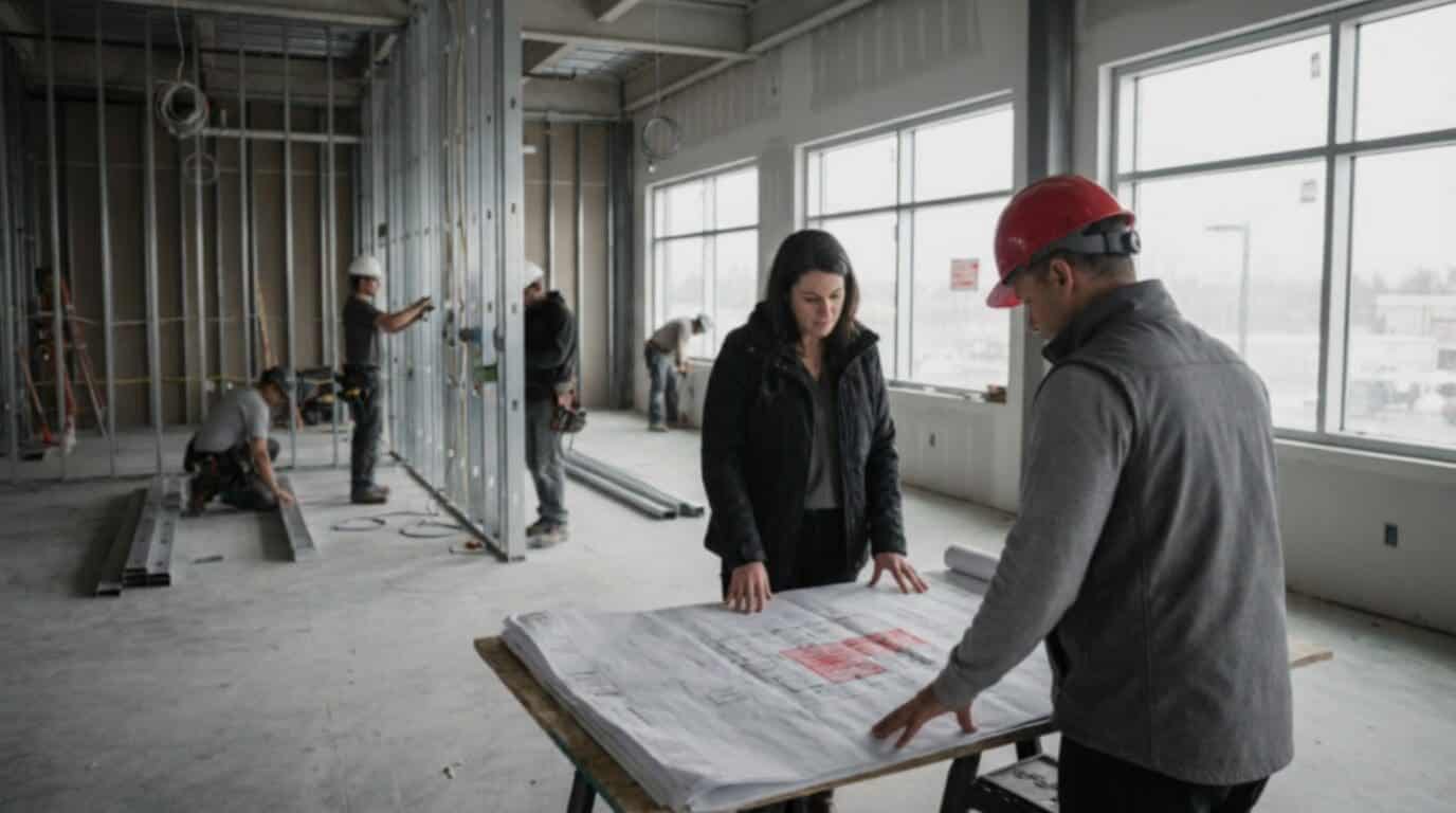 Construction site with workers and plans