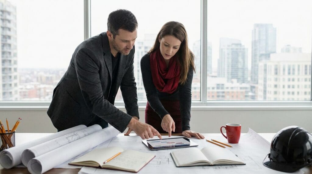 Two professionals discussing plans indoors.